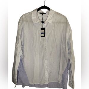 DKNY Light Blue Pinstripe Pearl Trimmed 100% Cotton Button Down Oxford Top